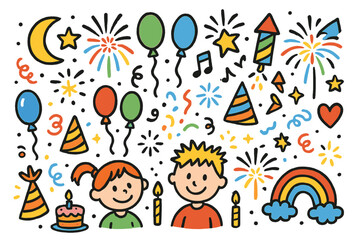 Joyful Celebration Scene. Colorful Hand-drawn doodle Children illustration celebration fireworks colorful fireworks, rockets, stars, moon, balloons, confetti,