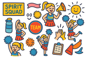 Cheer Squad Doodle Art. Colorful Hand-drawn doodle Children illustration Spirit squad practice cheer signs, ribbons, happy eyes, ponytail, loud voice lines,