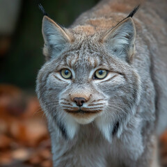 Fototapeta premium Closeup portrait of a lynx with striking green eyes and detailed fur