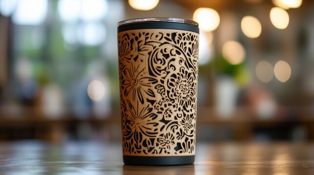 Elegant floral patterned insulated tumbler cup on a wooden table with blurred background offering