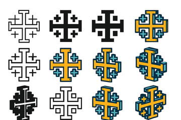 Jerusalem Cross Logo Variations. Set Logo of Cross Symbol: Jerusalem cross. Logo set in vector style, emblematic variations. line, bold thick line, solid black