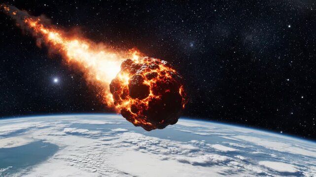 Dramatic depiction of a massive asteroid burning through the atmosphere on a collision course with Earth, symbolizing a doomsday event and global catastrophe
