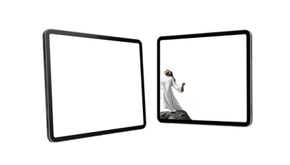 Fototapeta premium Two blank tablet screens, one figure