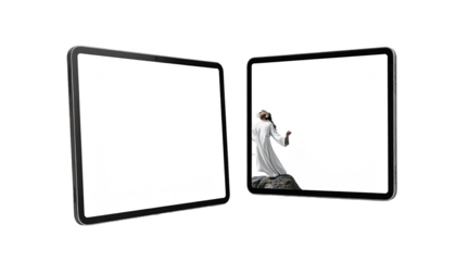 Two blank tablet screens, one figure