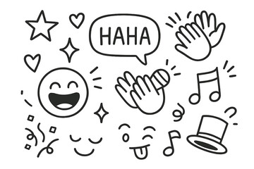 Doodle Comedy Icons. Hand-drawn doodle illustration Audience laughter [laughing face, star, heart, sparkle, comic bubble, clapping hands, waving hand, music