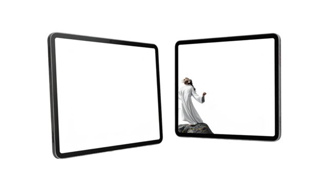 Two blank tablet screens, one figure