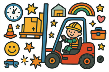 Forklift Fun Doodles. Colorful Hand-drawn doodle Children illustration Forklift in Action [forklift, pallet, box, warehouse, helmet, safety vest, wheel, spark,