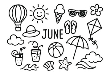 Summer Holiday Icons. Hand-drawn doodle illustration June holiday fun hot air balloon, ice cream, sun, sunglasses, hat, flip flops, beach ball, umbrella,