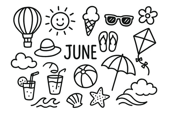 Summer Holiday Icons. Hand-drawn doodle illustration June holiday fun hot air balloon, ice cream, sun, sunglasses, hat, flip flops, beach ball, umbrella,