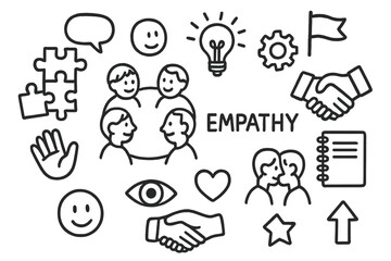 Fototapeta premium Empathy Teamwork Doodle Icons. Hand-drawn doodle illustration Empathy in teamwork group of people, circle, puzzle pieces, handshake, speech bubble, light bulb,