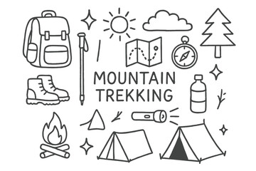 Mountain Trekking Doodle. Hand-drawn doodle illustration Mountain Trekking [backpack, mountain, hiking boots, walking stick, sun, cloud, tree, map, compass,