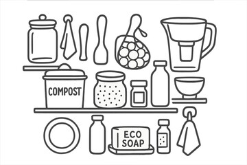Sustainable Kitchen Icons. Hand-drawn doodle illustration Sustainable kitchen glass jar, cloth towel, wooden spatula, compost bin, bulk food, produce bag,