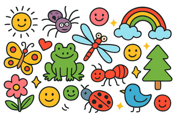 Naklejka premium Colorful Doodle Wildlife. Colorful Hand-drawn doodle Children illustration Insects and Predators frog, dragonfly, spider, ant, butterfly, beetle, flower, tree,