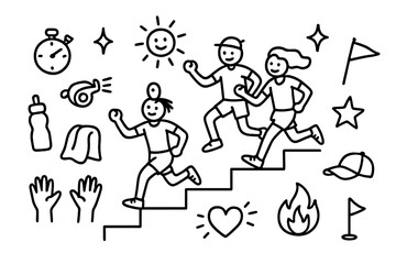 Fun Stair Run. Hand-drawn doodle illustration Fun stair run with friends [stairs, running figures, sneakers, stopwatch, whistle, water bottle, towel, heart,