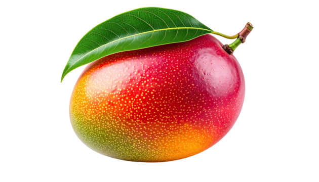 A ripe mango with a vibrant red-orange skin, speckled with small dots, and a bright green leaf resting atop.  A stem connects the fruit to the leaf