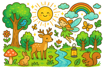 Obraz premium Magical Sunlit Forest. Colorful Hand-drawn doodle Children illustration Magical sunlit forest [sparkling sun, glowing trees, fairy, deer, rabbit, butterfly,