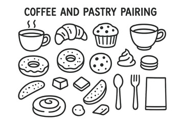 Coffee and Pastry Doodles. Hand-drawn doodle illustration [Coffee and pastry pairing] [coffee cup, croissant, muffin, teacup, donut, bagel, cookie, cinnamon