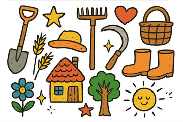 Rustic Garden Doodle. Rustic tools. Colorful Hand-drawn doodle Children illustration shovel, rake, sickle, basket, boots, straw hat, star, heart, sparkle,