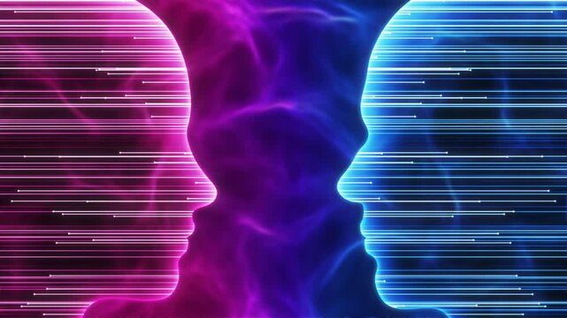 Female and Male head silhouettes Abstract Energy Plasma Light streaks Motion Background with Seamless Looping Blue Pink Purple Violet Cyan