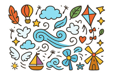 Colorful Air Doodles. Air. Colorful Hand-drawn doodle Children illustration swirl, feather, cloud, balloon, kite, leaf, dandelion seeds, sparkle, star, heart,