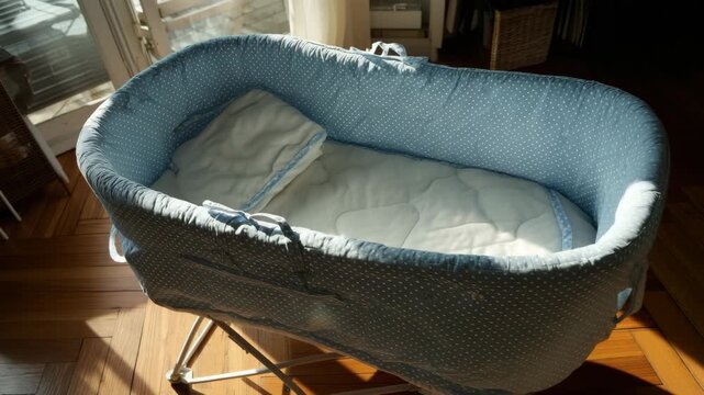 Baby bassinet with soft blue fabric lining and white blanket inside cozy room warm sunlight infant bed baby bedding peaceful atmosphere wooden floor