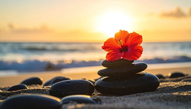 A vibrant hibiscus flower rests atop a stack of smooth, dark stones on a sandy beach at sunrise, creating a tranquil and peaceful scene.