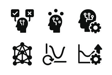 AI Learning Icons Grid. Solid, filled icon set of AI learning methods: supervised learning, unsupervised learning, reinforcement learning, neural network,