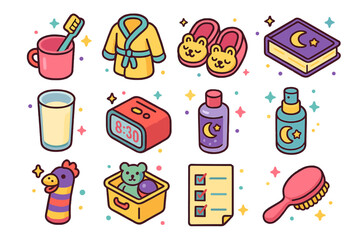 Kid's Night Routine Icons. Colorful isometric vector icons set of night routine items for kids: toothbrush and cup, bathrobe, fuzzy slippers, bedtime book,