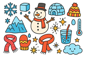 Fototapeta premium Winter Doodle Icons. Ice and snow. Colorful Hand-drawn doodle Children illustration snowflake, ice cube, igloo, snowman, glacier, mitten, hat, sparkle, star,