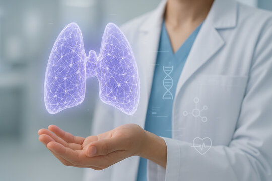 AI generated digital art of parathyroid glands hologram glowing above doctors hand symbolizing future medical technology clean lab background and human AI interaction