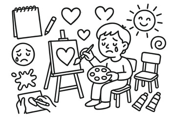 Artistic Emotion Doodle. Hand-drawn doodle illustration A person expressing their emotions through art, painting or drawing on a canvas easel,