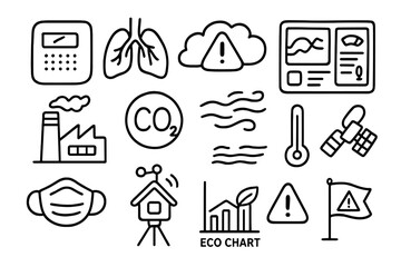 Air Quality Doodle. Hand-drawn doodle illustration Air Quality Monitoring air sensor, pollution icon, lungs, cloud with alert, dashboard app, CO2 molecule, air