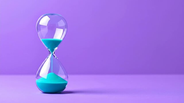 Hourglass with Turquoise Sand on Purple Background Symbolizing Deadline and Time Management Under Soft Studio Lighting, Close Up Shot for Conceptual Use