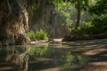 Tranquil, sunlit creek reflecting a lush, rocky ravine