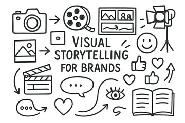 Visual Storytelling Elements. Hand-drawn doodle illustration Visual storytelling for brands camera, film reel, storyboard frames, photo, clapperboard, smiling