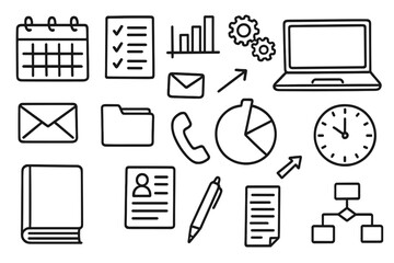 Project Management Doodles. Hand-drawn doodle illustration project management calendar, checklist, chart, gears, laptop, folder, envelope, clock, arrow, pie