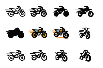 Naklejka premium Dynamic Motocross Logo Set. Set Logo of Fast-Paced Sports: speeding motocross bike. Logo set in vector style, emblematic variations. line, bold thick line,
