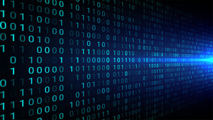 technology digital abstract art with binary code streaming in teal against dark background showing futuristic data flow and innovation illuminated by bright light source