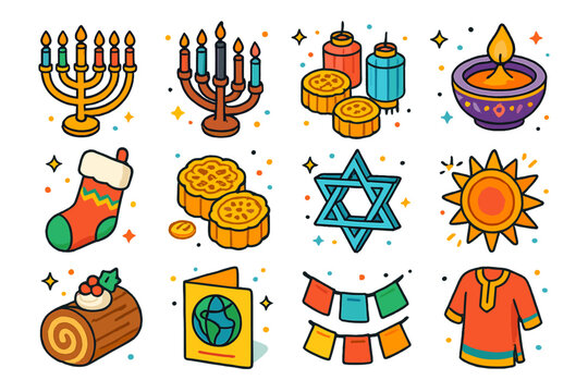Multicultural Holiday Icon Set. Colorful isometric vector icons set of multicultural holiday decor themes: menorah with candles, kinara, lantern festival