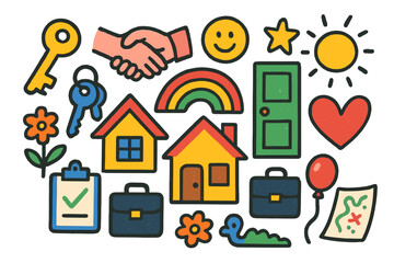 Fototapeta premium Colorful House Key Handover. Colorful Hand-drawn doodle Children illustration Learning with Blocks alphabet blocks, number blocks, star, heart, rainbow, sun,