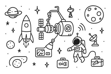 Space Station Doodle. Hand-drawn doodle illustration spaceship docking station space station, rocket, capsule, docking arm, antenna, radar, solar panels,