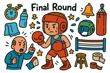 Boxer Ready for Battle. Colorful Hand-drawn doodle Children illustration A Boxer Preparing for the Final Round boxing gloves, sweat towel, water bottle,