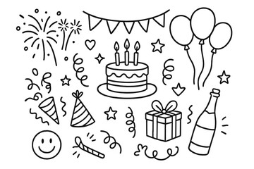 Holiday Celebration Doodle. Hand-drawn doodle illustration [holiday celebration] [confetti, fireworks, balloons, ribbon, streamers, stars, hearts, party hat,