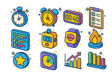 Colorful CrossFit Icons. Colorful isometric vector icons set of CrossFit timer and metrics: stopwatch, AMRAP clock, EMOM timer, WOD checklist, leaderboard, rep