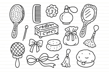 Vintage Toiletry Sketch. Hand-drawn doodle illustration [Vintage hairbrush set] [ornate brush, ivory comb, hand mirror, bristle pattern, carved handle, perfume