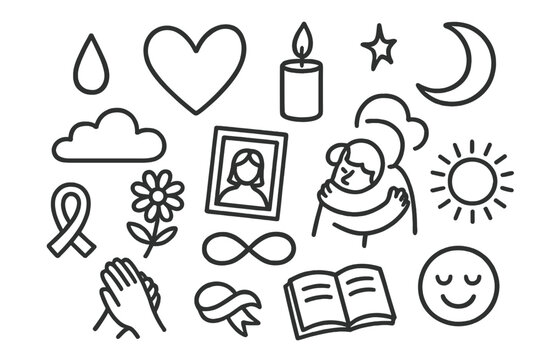 Symbols of Longing. Hand-drawn doodle illustration Missing a loved one [tear drop, heart, candle, moon, star, cloud, flower, photo frame, infinity symbol,