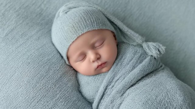 Newborn baby sleeping peacefully wrapped in soft pastel blue knitted fabric with matching hat on cozy calm textured surface