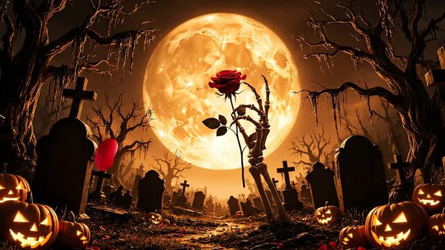 Gothic romance on halloween night with a skeleton hand rose in a spooky graveyard under a full moon - Powered by Adobe