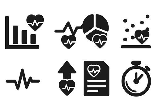 Heartbeat Data Icons. Solid, filled icon set of heartbeat data visualization: bar chart, line graph, pie chart, scatter plot, heartbeat waveform, trend arrow,