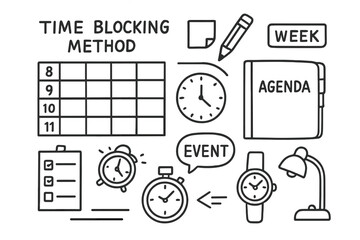 Time Management Icons. Hand-drawn doodle illustration [Time blocking method] [calendar grid, hour markers, sticky note, pencil, time slots, meeting clock,